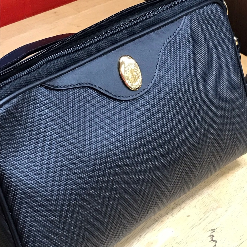 VTG Mark Cross Coated Canvas Herringbone Oval Crossbody Bag Gold Medallion